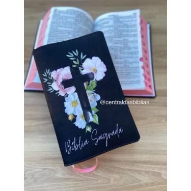 Imagem de Biblia Sagrada Cruz flores new Letras Grandes Evangélica Com Harpa E C