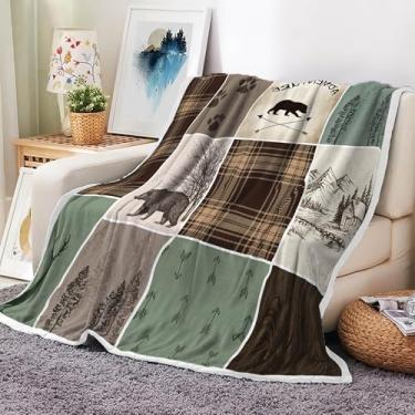 Imagem de Cobertor rústico com urso de cabana e veado pesado para sofá, verde caça campista floresta fazenda chalé xadrez xadrez macio aconchegante lã grossa cobertor de flanela para cama escritório (152 x 203