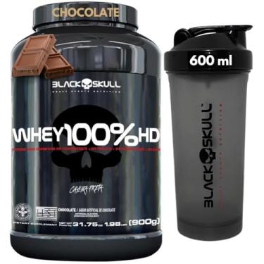 Imagem de Whey Protein 100% HD Pure 900g Isolado - Hidrolisado - Concentrado Pote + Coqueteleira 600ml - Kit Black Skull Para Ganho de Massa e Força (Whey 100% Chocolate)