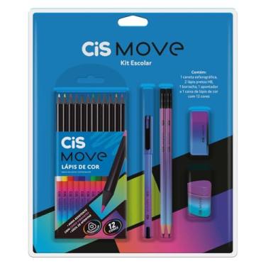 Imagem de Kit Escolar CIS Move 6-1 caneta esferográfica, 2 lápis pretos HB, 1 borracha, 1 apontador, e 1 caixa de lápis de cor 12 cores, Roxo + Azul