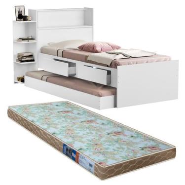 Imagem de Cama De Solteira Branca Moderna Para Quarto Com Auxiliar Gavetas E Bau