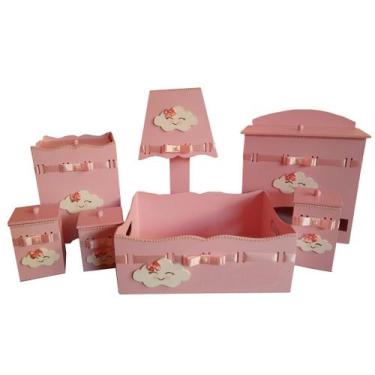 Imagem de Kit Higiene bebê MDF Nuvem Chuva de Amor Chuva de Bençãos Rosa Pérolas