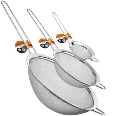 Imagem de Jogo 3 Peneiras em Aço Inox 8 a 20cm Resistente Luxo Para Coar Polvilhar Versátil, Durável, com Suporte para Panelas e Travessas, Suporta Temperaturas e de Fácil Manuseio. (08-14 - 20)