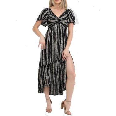 Imagem de Angie Vestido feminino estampado de manga curta com fenda frontal, Preto, G