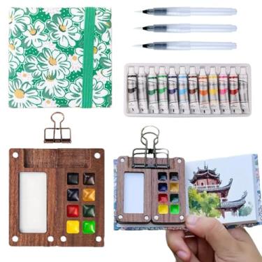 Imagem de Aimery Conjunto de paleta de aquarela portátil em miniatura, minúscula paleta de pintura de tinta pequena, kit de arte de viagem com caderno de desenho e caixa de tinta de madeira com 8 grades