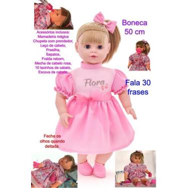 Imagem de Bebê reborn fala frases boneca fecha olhos com cabelo brinquedo Flora 