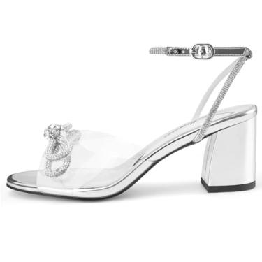Imagem de Oh Mispares Sandália feminina de salto transparente com laço duplo de cristal e bico aberto com strass transparente com laço grosso dourado com tira no tornozelo, Prata, 35