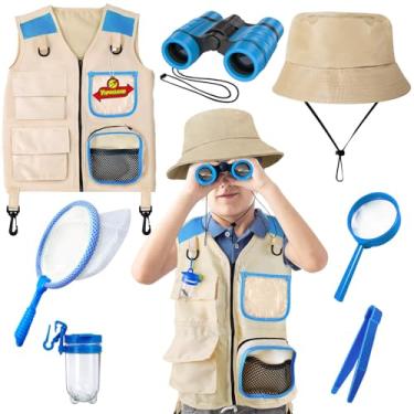 Imagem de YOPINSAND Kit de exploração infantil com colete, chapéu e binóculos para crianças, equipamento de campismo infantil com kit de exploração de besouro, ótimo brinquedo para