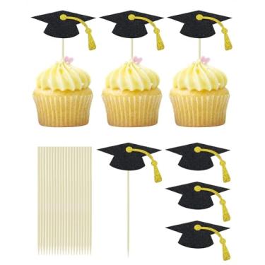 Imagem de ONLYKXY 20pcs Graduation Cake Cupcake Toppers Cute Glitter Graduation Cap Diploma Shape Food Appetize Decor Stick Picks for Theme Party Easter Bride Shower Birthday Wedding Mini Cake Wall (Hat)