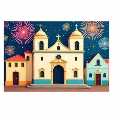 Imagem de Painel Tecido Sublimado Festa Junina Cenário Praça da Igreja - Fabrika