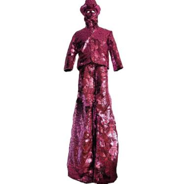 Imagem de Earthradius Fantasia espelhada de lantejoulas andador de palafitas LED robô fantasia DJ festa show dança festa fantasia ouro vermelho (rosa SEM LED, S)