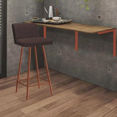 Imagem de Kit Mesa Suspensa de Parede Fixa mdf Rústico + 1 Banqueta Lexi Ferro Bronze Sintético M...