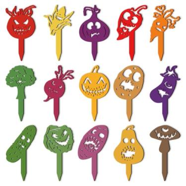 Imagem de arricraft 15 peças de etiquetas de plantas de madeira vazadas, tema monstro vegetal colorido à prova d'água estaca de jardim sinalização vegetal para decoração de berçário de plantas em vaso interno e