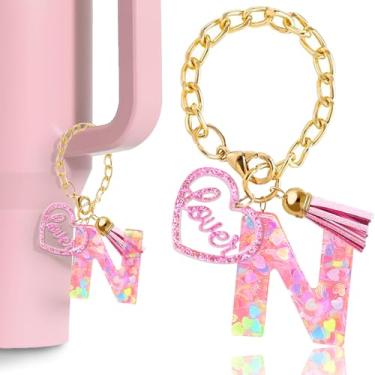 Imagem de Fabenyok Acessórios de pingente de letra para Stanley Cup, pingente de chaveiro de letra inicial fofo com amor para Stanley Tumbler para mulheres e meninas (rosa, letra N)
