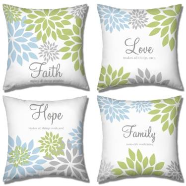 Imagem de Tatuo 4 capas de almofada quadradas flores amarelas azul marinho 45,7 x 45,7 cm, família, fé, esperança, amor, palavras, decoração, primavera, verão, capa de almofada para sofá-cama (série verde)