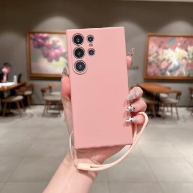 Imagem de Capa de celular com alça de pulso de silicone líquido para Samsung Galaxy S25 S24 Ultra S22 Plus S23 S21 FE Capa de proteção de câmera à prova de choque, rosa, para amsung S25