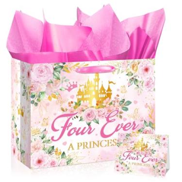 Imagem de Saco de presente de 4º aniversário, quatro decorações de aniversário de princesa, quatro sempre uma princesa, saco de papel de embrulho com papel de seda e cartão comemorativo para lembrancinhas de
