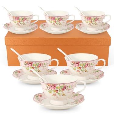 Imagem de Conjuntos de 6 xícaras e pires com colher, xícaras de café grandes e pires New Bone China Floral Vintage Xícara e Pires Canecas de chá com leite de porcelana - Seguro para micro-ondas e lava-louças