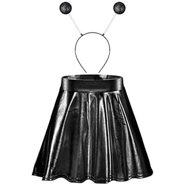 Imagem de Faixa de cabelo alienígena para Halloween com antena e saia metálica rodada plissada skater saia para suprimentos de Halloween (preta, saia grande)