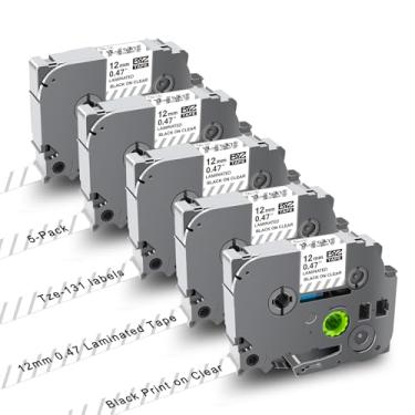 Imagem de Pacote com 5 fitas de substituição compatíveis para Brother Ptouch fita adesiva transparente TZe131 TZe-131 TZ-131, fita de etiqueta transparente laminada Tze 12 mm 0,47 preto sobre transparente para etiquetador Ptouch PT-D210 PT-H110