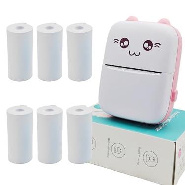 Imagem de Zplumestarxx Mini impressora pequena portátil de papel, 6 rolos, máquina de adesivos, mini impressora de estudo de adesivos para fotos, compatível com Android e iOS sem fio e Bluetooth rosa