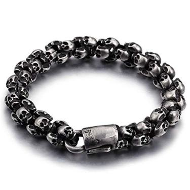 Imagem de Pulseiras masculinas punk de caveira longa de aço inoxidável, corrente de elos legais, joias góticas masculinas, One Size, Aço inoxidável