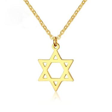 Imagem de AILUOR Colares com pingente Megan Star of David banhados a ouro 18 K, joia com seis pontas Megan Star Israel judaica para mulheres/homens Hip Hop Jewelry Dourado