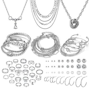 Imagem de IFKM Conjunto de joias banhadas a prata, 36 peças, com 3 peças, 12 pulseiras, 7 peças, brincos de algemas de orelha, 14 peças de anéis de articulação para mulheres, meninas, aniversário, aniversário, amizade, presente, Liga de aço, Zircônia cúbica