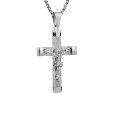 Imagem de Scddboy Colar com pingente de cruz de aço inoxidável crucifixo de Jesus 3D com versículo da Bíblia, hipoalergênico, impermeável, com corrente ajustável de 23,6 + 5 cm, Aço inoxidável, Cruz