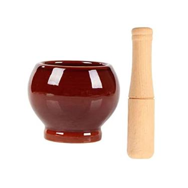 Imagem de Tigela Moedora Almofariz de porcelana com pilão de madeira para casa design vintage almofariz marrom e pilão conjunto de triturador de ervas para temperos e ervas, porcelana de alta qualidade Moedor T