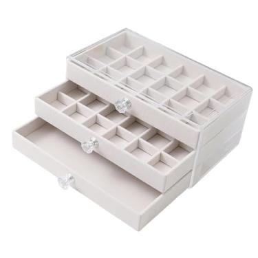 Imagem de kowaku Caixa de joias de tecido de veludo com 3 gavetas, organizador de pulseiras e acessórios, elegante, 9,2 x 5,3 x 4,1 polegadas, capa de acrílico, Bege
