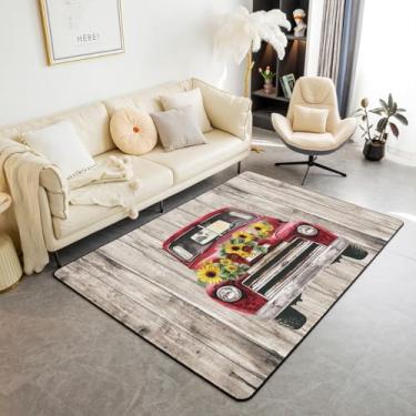 Imagem de Manfei Tapete rústico para crianças, caminhão, vermelho, girassol, tapetes para meninos e meninas, tapete decorativo de prancha de madeira cinza para sala de estar, tapetes absorventes, 90 x 1,5 m