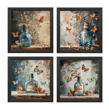 Imagem de kit 4 quadros com moldura e vidro, flores, vasos, borboletas, banheiro, lavabo, toalete, arte (Preto)