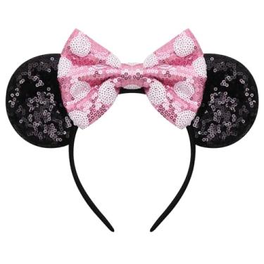 Imagem de ODOCARE Tiara de orelhas de rato feita à mão para mulheres e mulheres, laço de bolinhas, acessórios de fantasia Minnie Ears, 1 ponto branco rosa com glitter, 1 Count (Pack of 1)