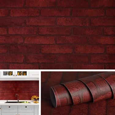 Imagem de Livelynine Papel de parede de tijolo de tijolo vermelho descasque e cole papel de parede de tijolo falso papel de parede borgonha para cozinha Backsplash paredes de lareira pano de fundo de chaminé