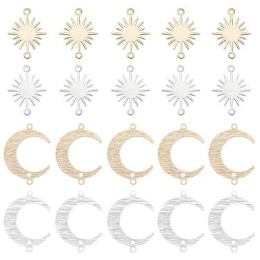 Imagem de BENECREAT 32 peças, 4 estilos, conectores de berloque de latão cru, cor prata dourada lua e sol, elos com orifício duplo para pulseira, colar ou acessórios de fabricação de joias DIY
