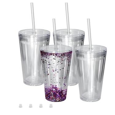 Imagem de sweet grain Copos de globo de neve (pacote com 4) - Copos de acrílico de parede dupla de 473 ml para copos de globo de neve com orifício pré-perfurado, tampas, canudos e rolha de furo, copo