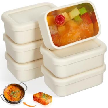 Imagem de Teenyyou 6 pacotes de moldes de silicone para congelador de sopa com tampa, bandejas retangulares reutilizáveis para conservação de alimentos, molhos congelantes, ensopados (bege, 250 ml)