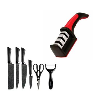 Imagem de Kit Cozinha Afiador de Facas 3 Estagios com Faqueiro Inox 6 Pecas Preto Design Moderno Corte Profissional para Churrasco Jantar e Uso Diario Duravel e Elegante