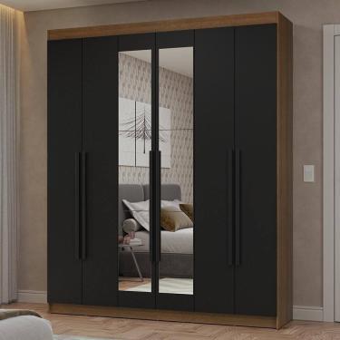 Imagem de Guarda-Roupa Casal 6 Portas Batentes com Espelho Rustic/Preto/Preto Netuno Madesa