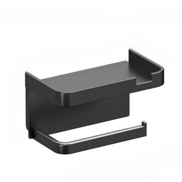 Imagem de Suporte Porta Papel Higiênico Multifuncional com Apoio para Celular Preto, Sem Furos, Fixação com Adesivo(Plástico)