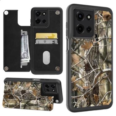 Imagem de Qindaiwen Capa carteira para Moto G 5G 2025, capa de telefone flip de couro PU com proteção à prova de choque, suporte para cartão, suporte e fecho magnético, madeira camuflada