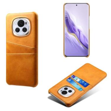 Imagem de Capas Compatível com Honor Magic6,Caso de couro PU-Tampa de telefone a prova de choque com 2 slots de cartão,Proteção anti-impressão digital e anti-gota-Yellow