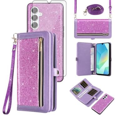 Imagem de Asuwish Capa de celular para Samsung Galaxy A16 5G/4G carteira com zíper capa celular com protetor de tela de vidro temperado alça transversal alça brilhante flip porta-cartão slot A 16 16A SM-A166U