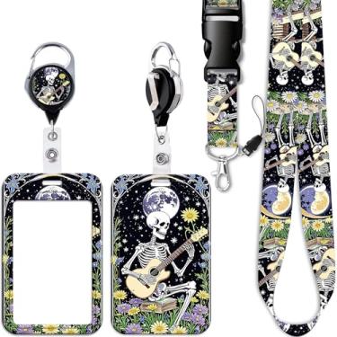 Imagem de Cordão de caveira descolada com clipe retrátil de carretel de crachá com flores fofas para mulheres, homens e adolescentes para chaves de crachá de identidade, navio de cruzeiro, escola, suporte de