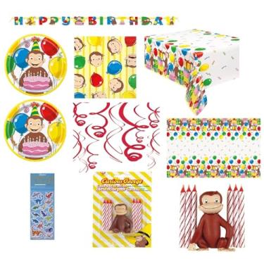 Imagem de Conjunto de artigos para festa de aniversário do George Curious para 16 pessoas inclui pratos de almoço, guardanapos de almoço, capa de mesa, faixa de feliz aniversário, decorações de espiral penduradas, conjunto de decoração de vela George