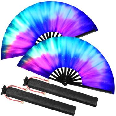 Imagem de Boao 2 peças de leques de seda dobráveis de mão grandes chineses de mão com brilho UV Tai Ji para homens e mulheres para festivais, dança de linha, kungfu, arte marcial, festa de festival de música