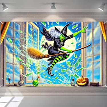 Imagem de BlissYard Pano de fundo de bruxa voadora Halloween bruxa na vassoura janela quebra lua cheia garrafas de poção assustadora abóbora foto cabine de fundo de tecido 180 x 109 cm decoração de festa casa