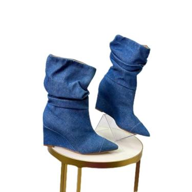 Imagem de Bota Feminina Jeans Lisa, Cano Médio 12cm, Salto Plataforma 4.5cm, Estilo Militar (JEANS, BR, Adulto, Numérico, 35)