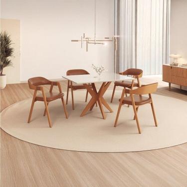Imagem de Conjunto Sala de Jantar com Tampo de Vidro Dona 4 Cadeiras Gaia Courino Mel Natural/Off White/Caramelo